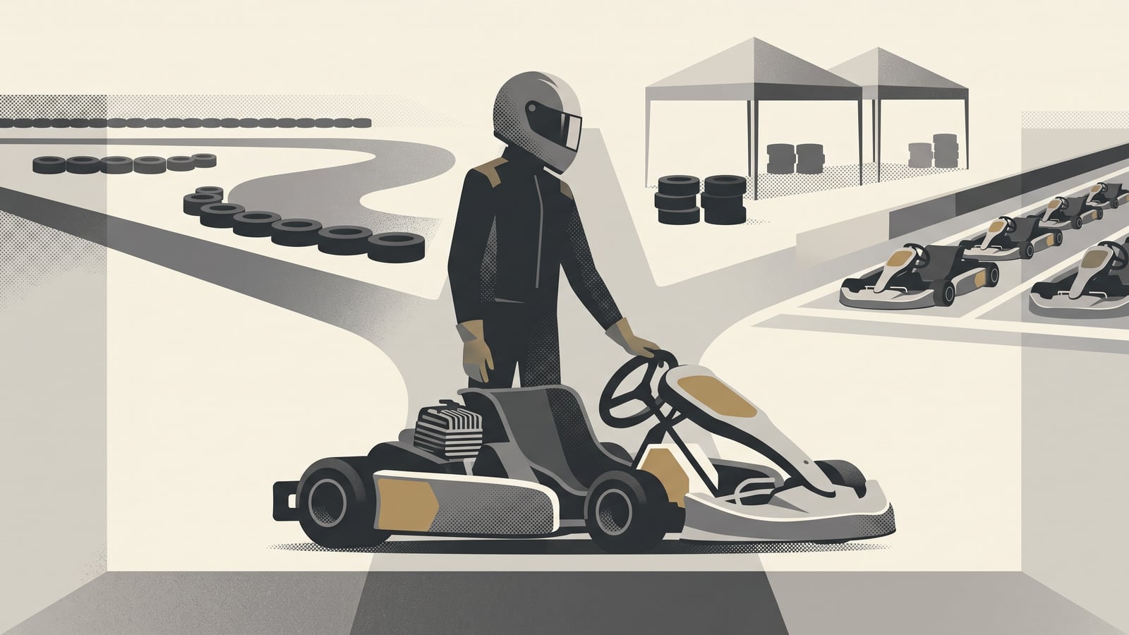 A helmeted driver stands beside a kart at a visual fork between a circuit and a paddock of waiting karts.