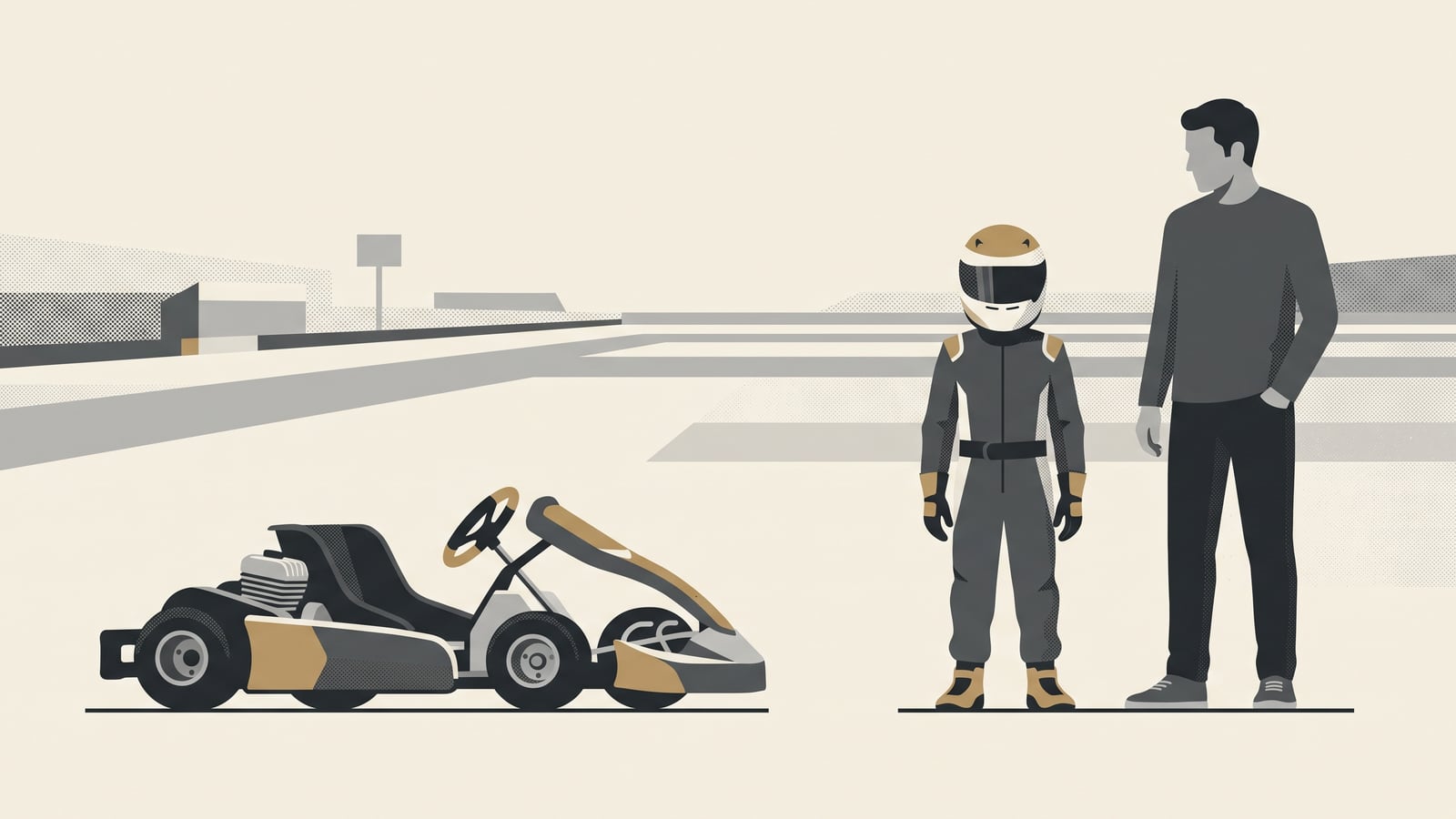A fully equipped child and a supervising parent stand beside a stationary child-sized kart in the paddock.