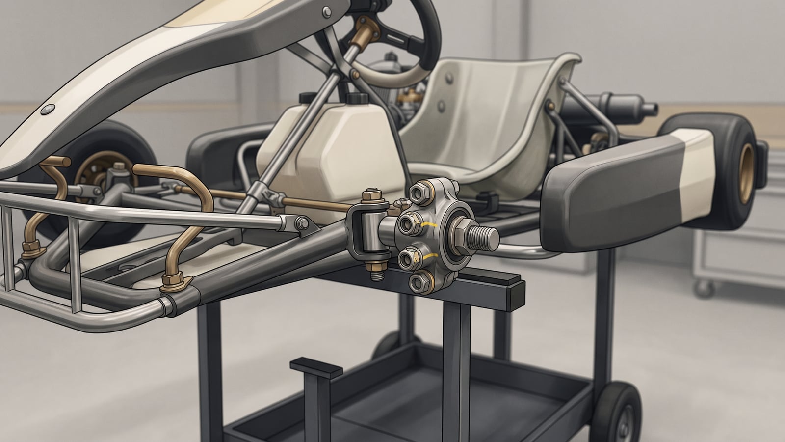 A close view of a stationary kart highlights secured chassis nuts and bolts with inspection marks.