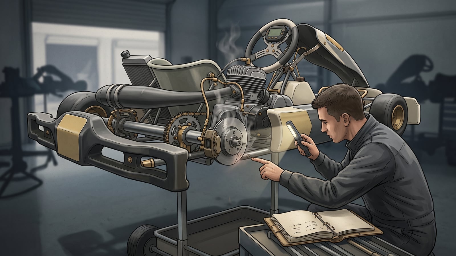 A mechanic uses an inspection light to examine the brake, axle, and chain area of a kart on a stand.